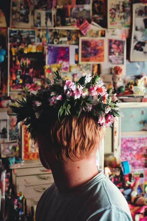 Image similar to kodak portra 4 0 0 photograph of a guy wearing a flower crown in a cluttered messy 9 0 s bedroom, back view, lens flare, moody lighting, moody vibe, telephoto, 9 0 s vibe, blurry background, grain, tranquil, calm, faded!,