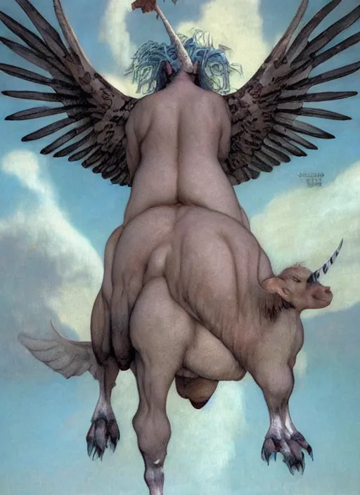 Prompt: winged fat cow unicorn by gerald brom, by mikhail vrubel, by peter elson, muted colors, extreme detail, trending on artstation, symmetry! hd