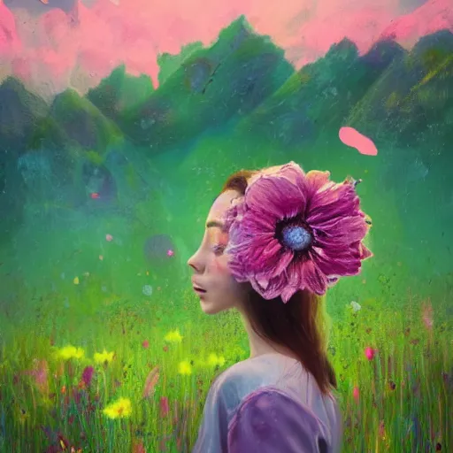 Image similar to girl with an blooming flower for a face, surreal photography, dream, standing in flower field, magical, in a valley, sunrise dramatic light, impressionist painting, colorful clouds, artstation, simon stalenhag, exploding flower face