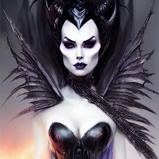 Image similar to kerli koiv as maleficent, darkwave, darksynth, concept headshot art, sharp, digital matte painting, art by luis royo, greg rutkowski, wlop, dramatic lighting, trending on artstation