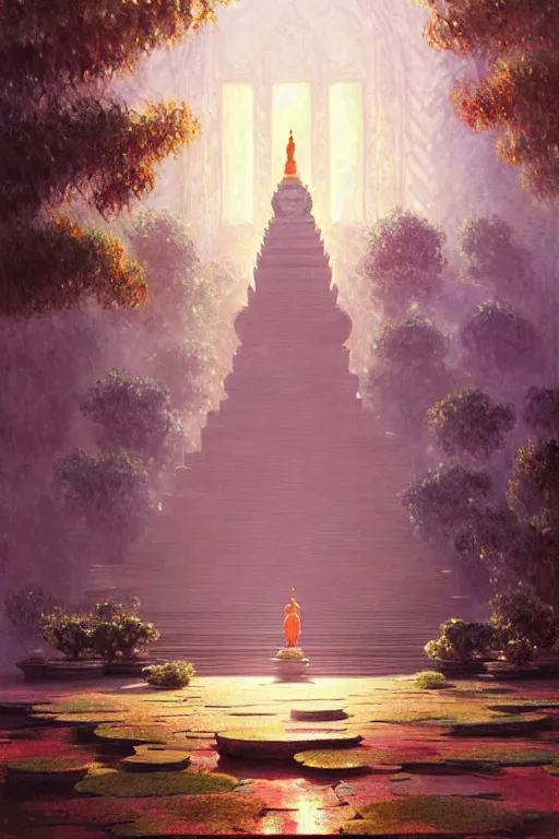 Image similar to temple. buddhism, impressionnisme, painting by greg rutkowski, artgerm, claude monet