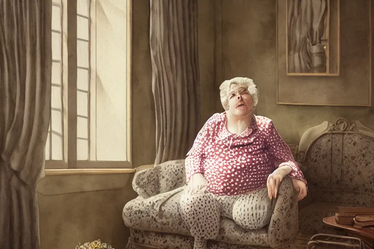 Image similar to charming and chubby old lady, wearing a polka dot cloths and a victorian - style hairdo, lye on the fancy sofa, in the large and bright studio. sunlight enters through the barred window. delicate watercolor and pencil on canvas. beautiful lighting, 4 k post - processing, highly detailed, 5 k extremely detailed, 3 d. cinematic scene.