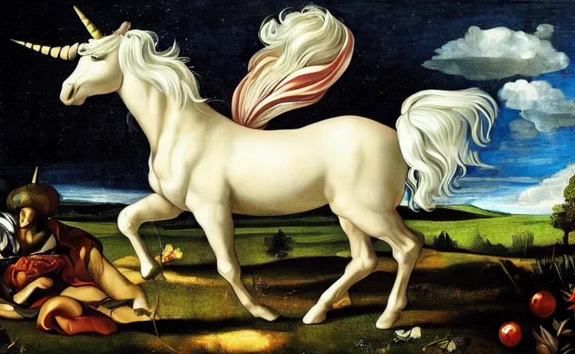 Image similar to a lonely unicorn walking on a rainbow in the universe in the style of Caravaggio, digital art, high quality, highly detailed, high coherence, anatomically correct, Caravaggio, concept art, marterpiece