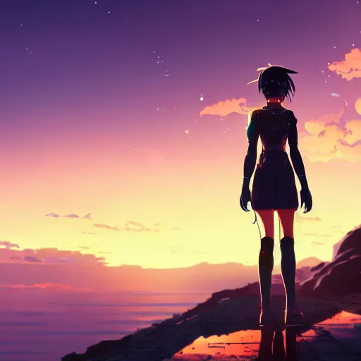 Image similar to A cyborg girl standing on the hill looking at the sea with a sunset in style of Makoto Shinkai and Cyberpunk. ArtStation, 8K, Highly Detailed, Intricate, Album Art.