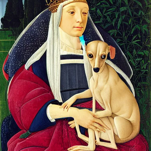 Prompt: portrait of an italian greyhound as an italian queen, holding a small person in her lap, painting by sandro botticelli