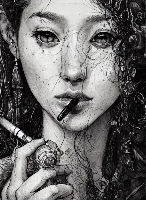 Image similar to portrait, beautiful Stoner hippy girl, sitting down, smoking a magical bong, watercolor, dramatic lighting, cinematic, establishing shot, extremely high detail, foto realistic, cinematic lighting, pen and ink, intricate line drawings, by Yoshitaka Amano, Ruan Jia, Kentaro Miura, Artgerm, post processed, concept art, artstation, matte painting, style by eddie mendoza, raphael lacoste, alex ross