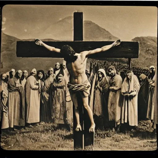 Prompt: a old vintage photo of the crucifixion of jesus