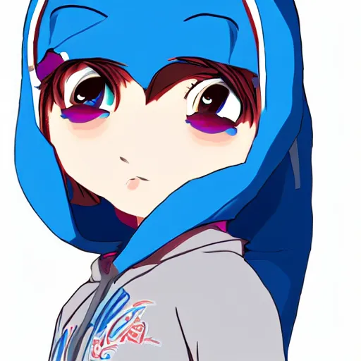 Prompt: Shark girl with a blue hoodie in anime art style