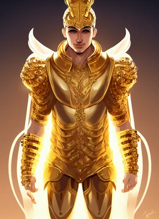 Prompt: the god hermes, gold armour, white skin, male, portrait, sharp focus, digital art, concept art, detailed, post processed, dynamic lighting, trending on artstation, by emylie boivin and rossdraws