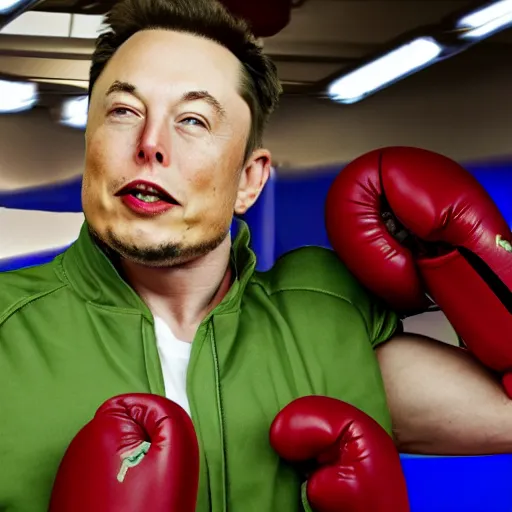 Prompt: cinematic photograph of elon musk dressed in an avacado suit with an avacado hat, realistic, in a boxing ring, 4 k, cinemqtic lighting, high quality photography, mid shot
