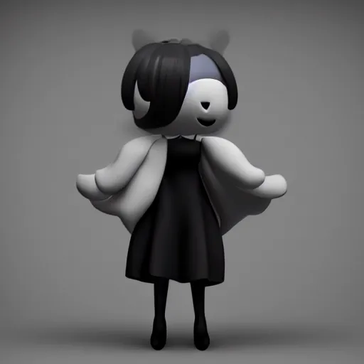 Image similar to cute fumo plush of a cursed floating blob of dark ichor vaguely in the shape of a cute girl, amorphous, inky blackness, fluid simulation melting, black and white, horror, vray