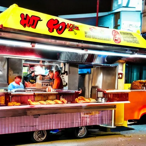 Prompt: hot dog street food stand amateur photography with flash