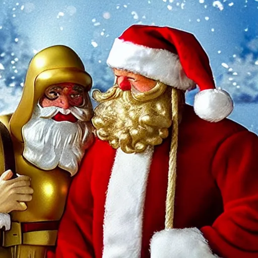Image similar to Santa Claus vs. Jesus in an epic battle, super bloody battle, to the death