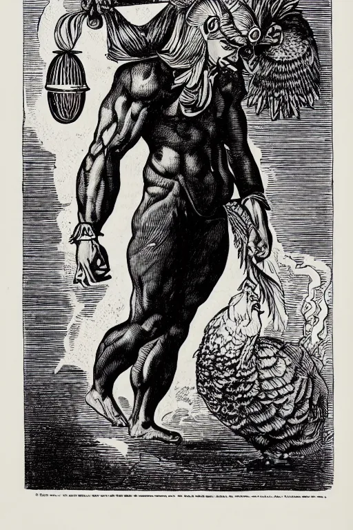 Prompt: 19th century wood-engraving of a confident muscular man with a chicken head for a head surrounded with flames, whole page illustration from Jules Verne book titled Stardust Crusaders, art by Édouard Riou Jules Férat and Henri de Montaut, high quality, beautiful, highly detailed, removed watermarks