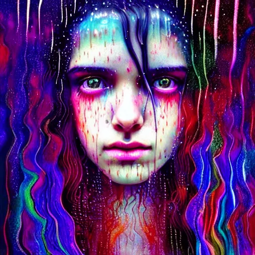 Image similar to girl in psychedelic LSD rain with wet hair and face, fantasy, intricate, elegant, dramatic lighting, emotionally evoking symbolic metaphor, highly detailed, lifelike, photorealistic, digital painting, artstation, concept art, smooth, sharp focus, illustration, art by John Collier and Albert Aublet and Krenz Cushart and Artem Demura and Alphonse Mucha