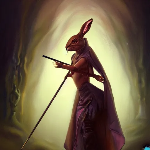 Image similar to oil painting of a rabbit dressed like a female magician holding a magic wand, urban fantasy art by seb mckinnon, artstation npc character design, top - rated