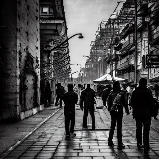 Image similar to Street photo in a crowded city on another planet, Neo Norilsk, Neo Kyiv, sci-fi, fantasy, intricate, very very beautiful, elegant, highly detailed, high contrast, shadows, smooth, photorealistic, cinematic, Unreal Engine 5, sharp focus, trending on Behance