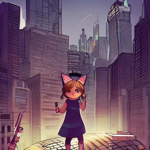 Image similar to determined 7 year - old girl with cat ears pouncing from the rooftop, futuristic skyline behind her, wide shot, highly coherent, saga comic, graphic novel, fiona staples