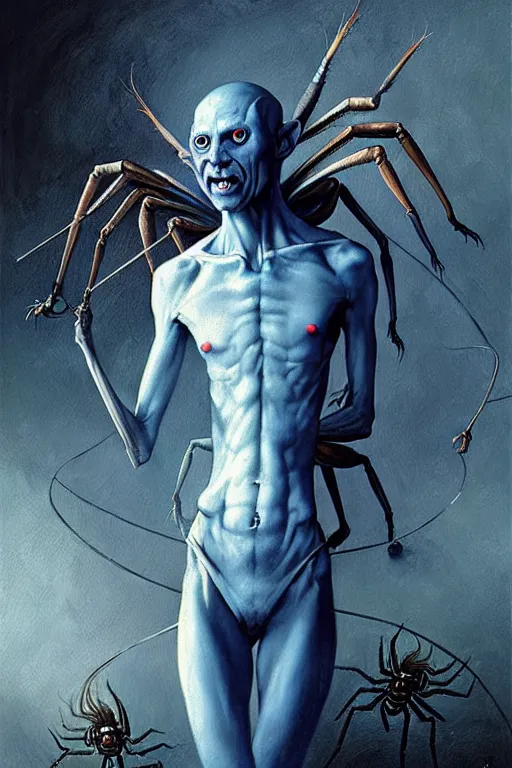 Image similar to hieronymus bosch, greg rutkowski, anna podedworna, painting of a blue skinned elf being turned into a spider demon