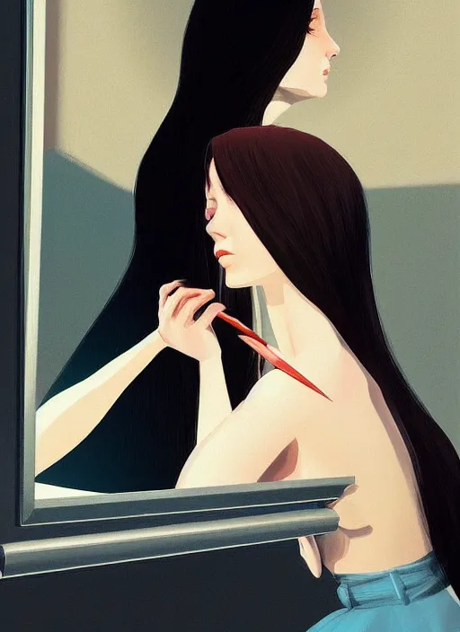 Prompt: a beautiful muse captivatingly dreaming and brushing her hair in front of a mirror made of dread, nightmare dream from the Ring, in style of Ilya Kuvshinov and Edward Hopper, highly detailed