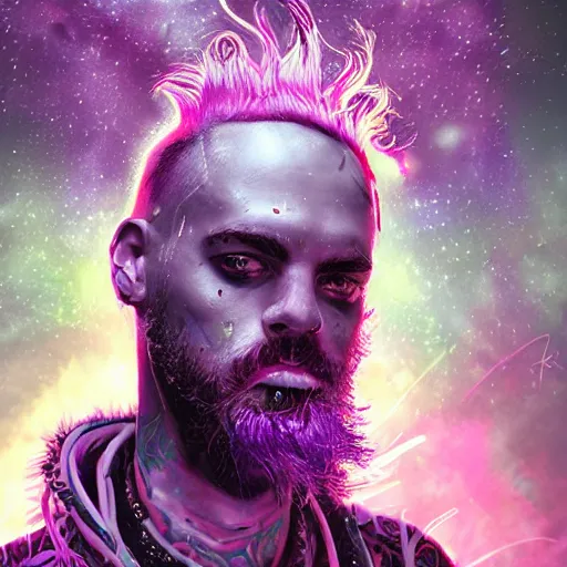 Prompt: splashes of neon galaxies, mowhawk, punk wizard portrait made out of paint, trending on artstation, epic composition, emotional, beautiful, rendered in octane, highly detailed, realistic, tim burton comic book art, sharp focus, unreal engine