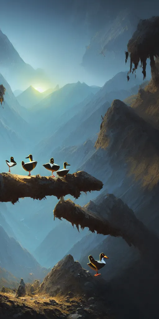 Prompt: ducks with microphones making a podcast, plane crash into mountain ,digital painting, artstation, concept art, Craig Mullins, Breathtaking, 8k resolution, extremely detailed, beautiful, establishing shot, artistic, hyperrealistic, octane render, cinematic lighting, dramatic lighting, masterpiece, light brazen, extremely detailed