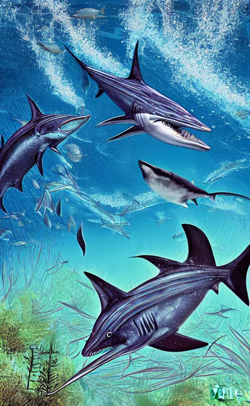 Image similar to an underwater photograph of a Pacific sailfish chasing bait fish while a shark is watching in the background, in the style of Guy Harvey, insanely detailed, digital art