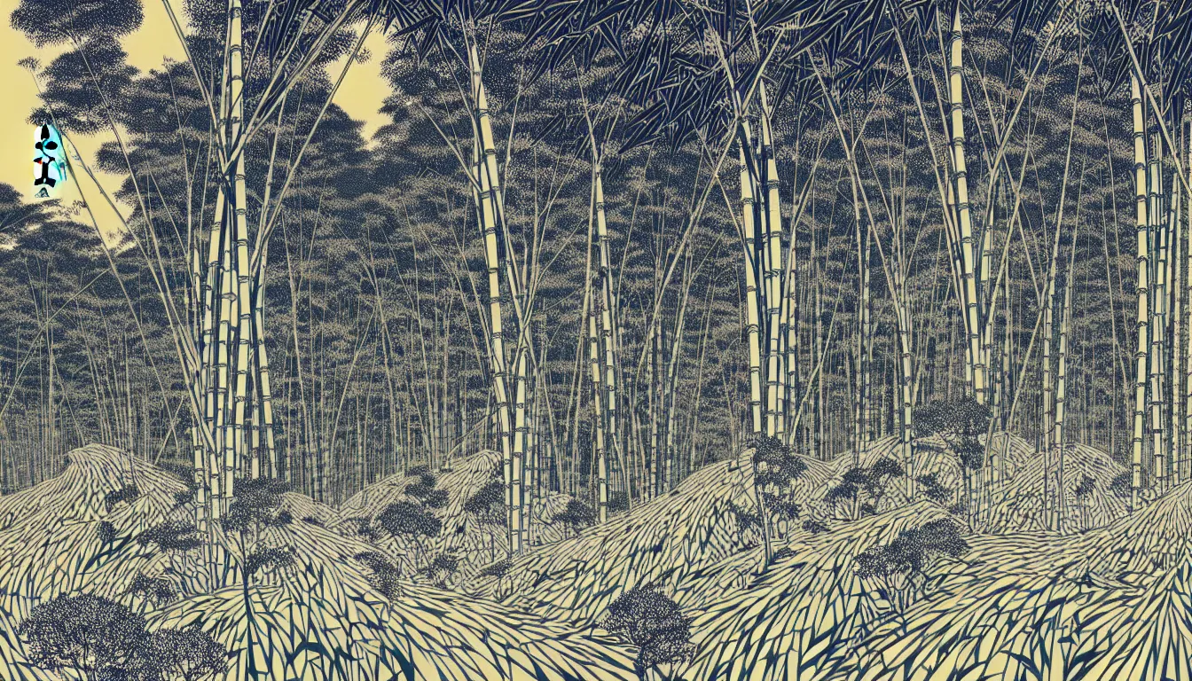 Image similar to bamboo grove by woodblock print, nicolas delort, moebius, victo ngai, josan gonzalez, kilian eng