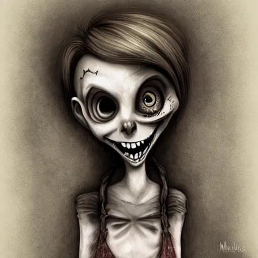 Image similar to grunge cartoon drawing of a cute chucky smiling by - michael karcz , in the style of corpse bride, loony toons style, horror themed, detailed, elegant, intricate