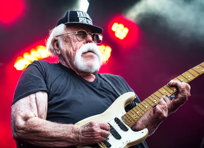 Prompt: photo still of wilford brimley on stage at vans warped tour!!!!!!!! at age 6 0 years old 6 0 years of age!!!!!!! shredding a guitar on stage, 8 k, 8 5 mm f 1. 8, studio lighting, rim light, right side key light
