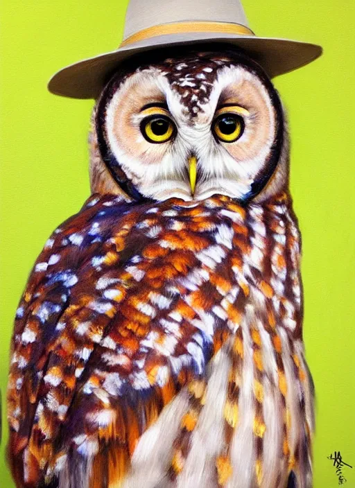 Prompt: realistic portrait beautiful painting of japanese owl, colorful bird feathers, wearing woman hat. full body, fine art, trending on artstation, smooth draw, sharp focus, digital art, bright colors, fine draw, perfect lighting, high render, high resolution.