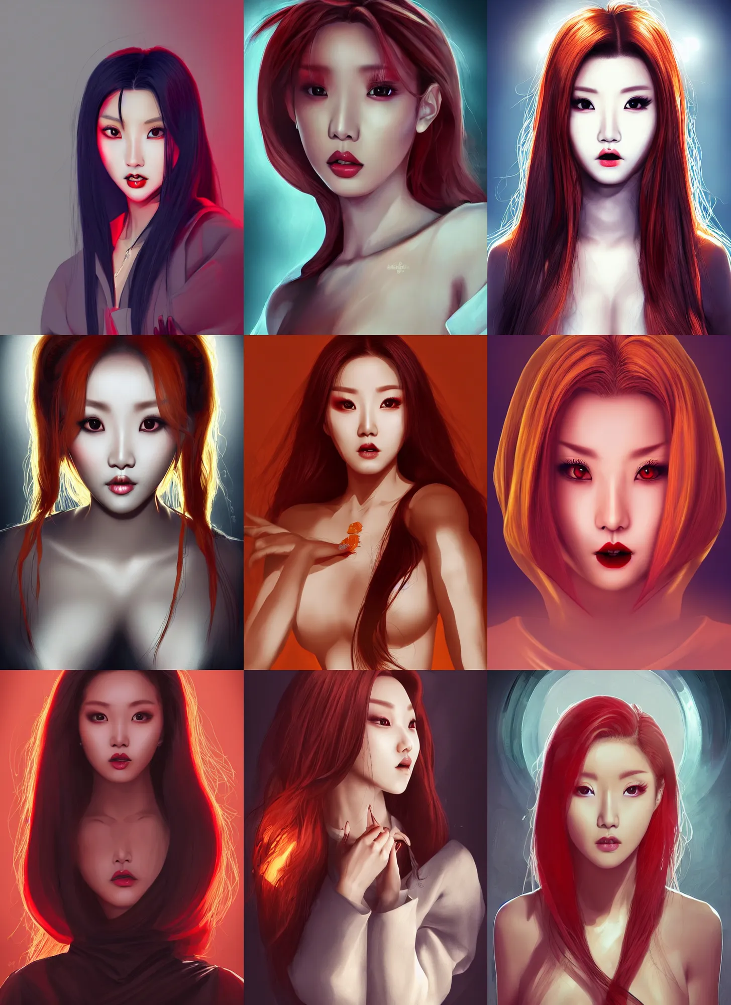 Prompt: hwasa as a vampire. intricate clothes, semi realism, anime realism, symmetrical face, slim face, appealing, photorealism, uhd, amazing depth, glowing, golden ratio, sakimichan, volumetric lighting, cinematic lighting, red orange lighting, artstation concept art