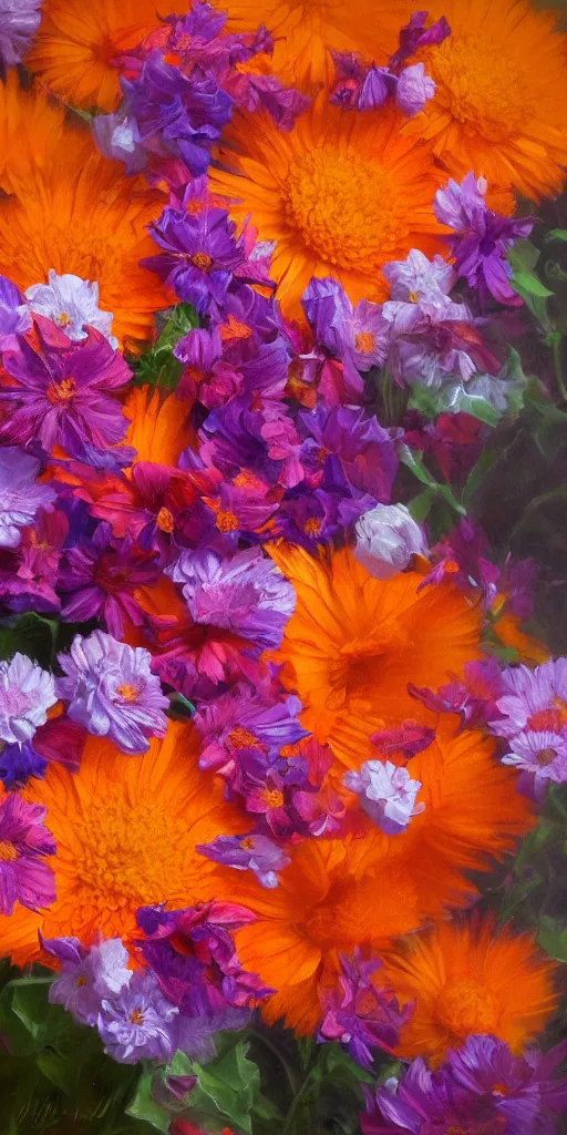 Prompt: a beautiful image of flowers, close up, detail, oil painting, orange, blue & magenta shadows, Jacob van Huysum, very detailed, trending on artstation