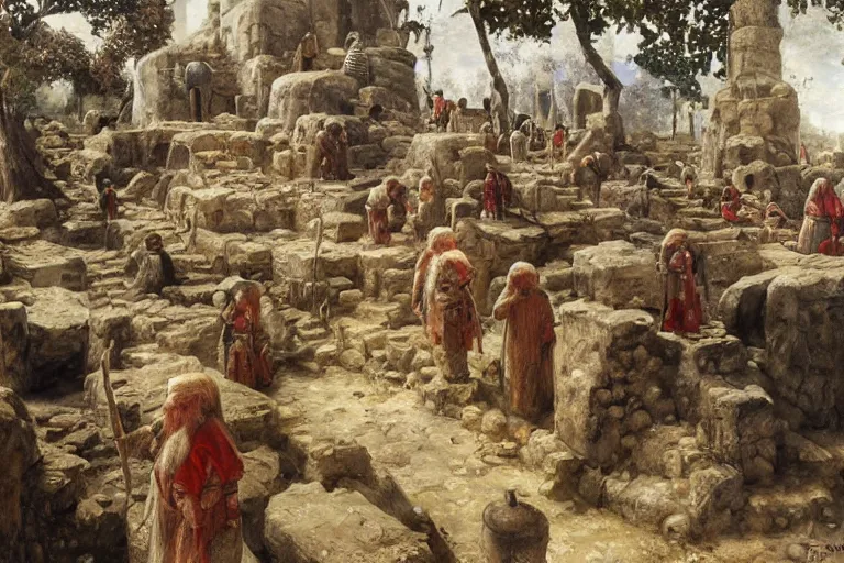 Image similar to sumerian underground city ancient dwarves, drawn by viktor vasnetsov, dwarven dungeons, cities of mesopotamia, moriya, oil painting, harsh fairy tale, soft style, hyperrealism, beautiful, high resolution, trending on artstation, 8 k, 4 k,