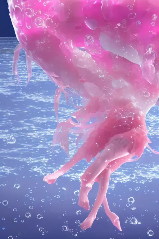 Image similar to 3D CG anime Land of the Lustrous Houseki no Kuni character Ventricosus translucent very pink jelly person with thick chest bubbles and pink transparent dress frills floating at the bottom of the ocean, beautiful composition, 3D render, cel shaded, 8k, key visual, made by Haruko Ichikawa, Makoto Shinkai, studio Ghibli, Kyoto Animation