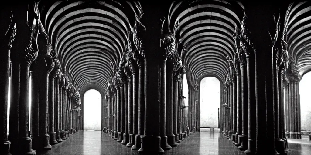 Image similar to durin's bane in the great hall of moria, columns along both sides of the great hall, style of h. r. giger, dark, cinematic