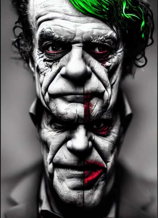 Image similar to photo of John Noble as the Joker with green hair by Lee Jeffries, head shot, detailed, award winning, Sony a7R