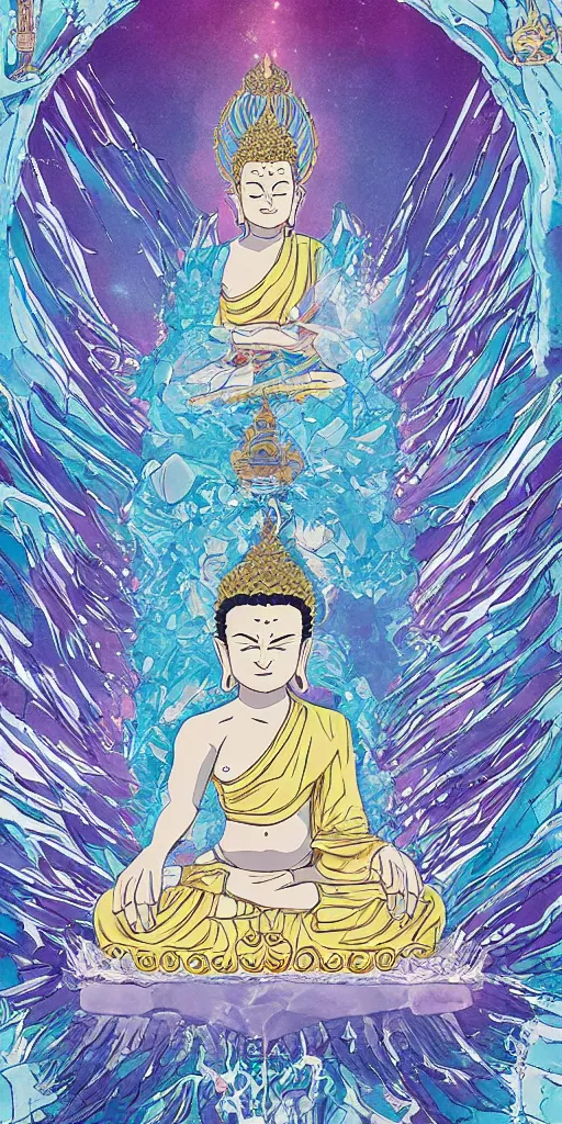 Image similar to buddha sitting on a throne of ice drawn by studio trigger, in the style of Little Witch Academia, spiritual enlightenment, tarot card