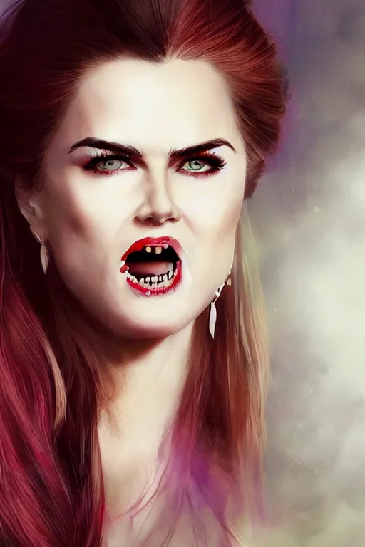 Prompt: mix of beautiful young maria shriver, mariel hemmingway, brooke shields, nicole kidman and elle macpherson as a vampire with mouth open with sharp teeth, thin lips, hair tied up in a pony tail, dark blonde hair, colorful, artstation, cgsociety