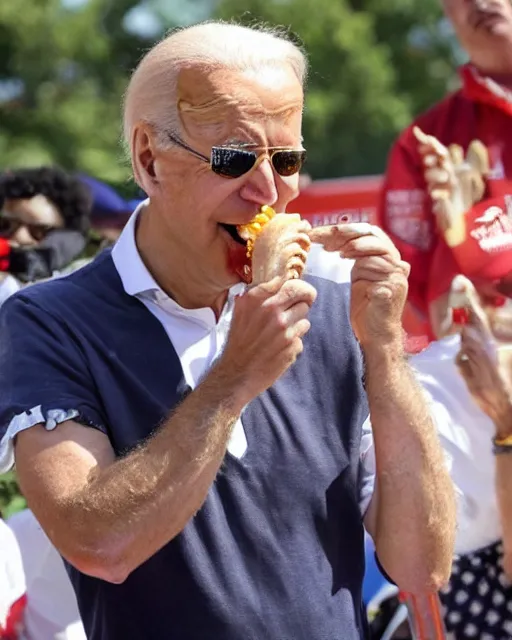 Prompt: joe biden eating hot dogs at the nathans hot dog eating contest