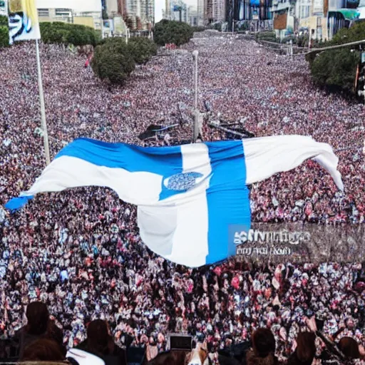 Image similar to Lady Gaga as president, Argentina presidential rally, Argentine flags behind, bokeh, giving a speech, detailed face, Argentina