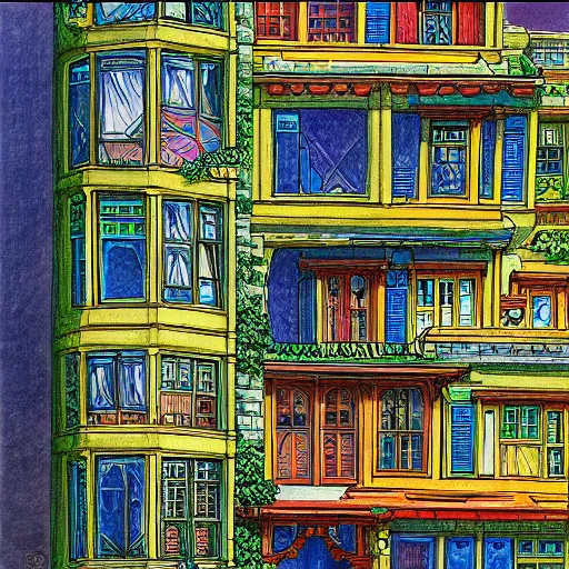 Image similar to a drawing of a house with a lot of windows, concept art by toriyama sekien, pixiv, maximalism, concept art, official art, maximalist