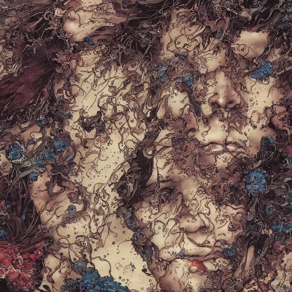 Image similar to closeup of face melting, by yoichi hatakenaka, masamune shirow, josan gonzales and dan mumford, ayami kojima, takato yamamoto