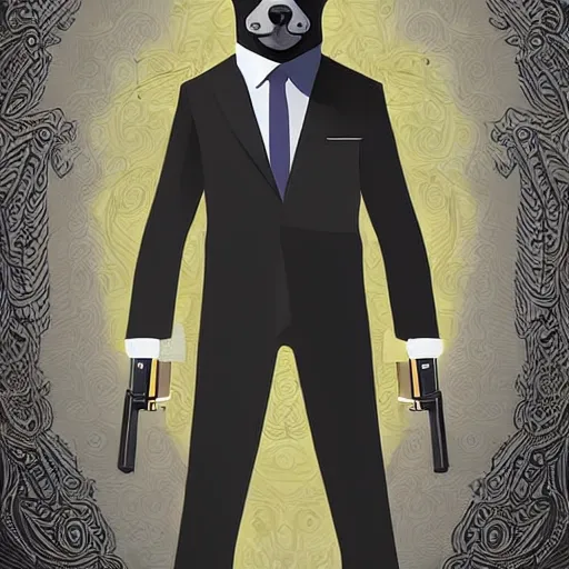 Prompt: a man with a husky's face wearing a suit and holding a gun, Digital art, intricate details, illustration