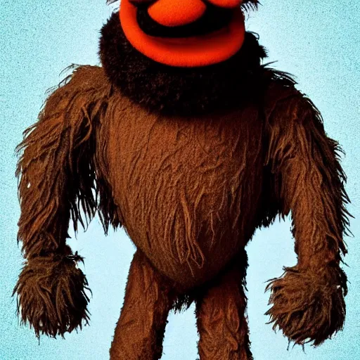 Image similar to a still of a forgotten muppet character looking very manly and modern, hilarious, laughing, hairy chest, huge chin, manly monster tough guy, roughled fur, photo real, photographic, photograph, artstation, trending, featured