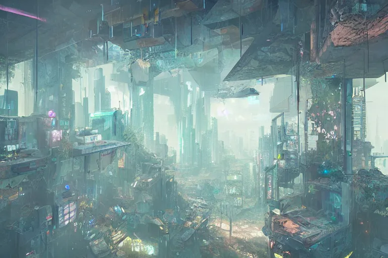 Prompt: a triangular portal structure made from crystals in the centre of an abandoned overgrown cyberpunk city, epic mysterious surrealism, digital matte painting in the style of liam wong