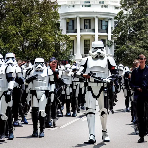 Image similar to Obama leading an Army of Stormtrooper to attack the White house, Obama has a red lightsaber in his right hand, high field of view, 40nm lens, shallow depth of field, split lighting, 4k,