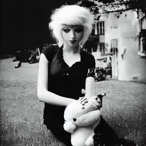 Image similar to a surrealist depiction of a 2 4 year old woman playing with a stuffed animal. she has short yellow hair, and is dressed as a goth. high resolution