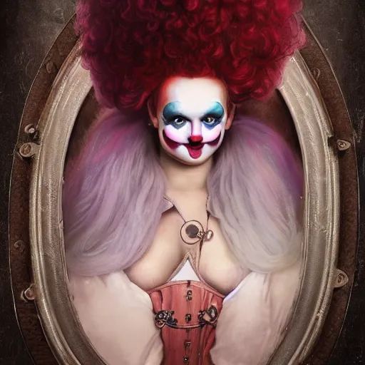 Image similar to photorealistic soft paint of a curiosities carnival, single young beautiful shy curvy dollpunk clown in a full steampunk corset, very long snakes hairs, symmetry accurate features, ominous depths, elegance, focus, rainbow lighting, very high details, award winning masterpiece, behance, by tom bagshaw