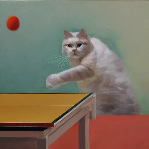 Prompt: Due gatti che giocano a ping pong, oil painting